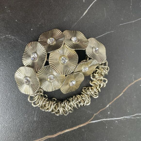 Vintage Gold Tone Flower Rhinestone Cluster Elastic Bracelet Size 7" - Picture 1 of 9